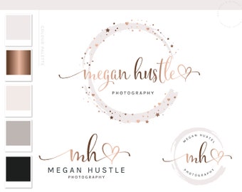 Heart Logo & Branding Kit, Rose Gold Photography Logo Design, Wedding Boutique Watermark Blog Set, Custom Star Watercolor Logo Package