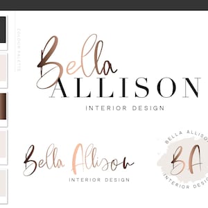 Fancy Logo Design and Branding Package for Small Business, Pretty Social Media Brand Kit with Rose Gold Circle Stamp Watercolor