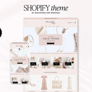 Könnte beinhalten: Ein Shopify-Theme-Design von Macarons and Mimosas, das eine Website und einen Handy-Bildschirm zeigt. Die Website verwendet ein hellrosa und weißes Farbschema mit dem Text "SALE ITEMS". Ein verifiziertes Shopify-Partner-Abzeichen ist sichtbar.