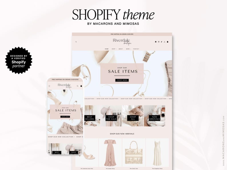 May include: A Shopify theme by Macarons and Mimosas displayed on a desktop and mobile interface. The website features a light pink and white color palette with a Riverdale Boutique logo, navigation menus, and sections for sale items and new arrivals.