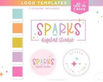 May include: Three logo templates for a digital studio called "SPARKS". The logos feature a pink, yellow, blue, and green color scheme with a star design. The text "edit in Canva" is also included.