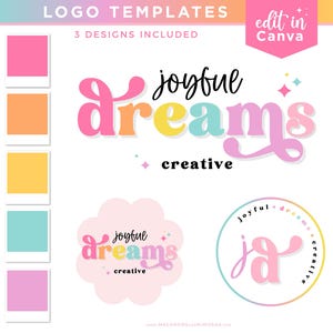 May include: Three logo templates for a business called "Joyful Dreams Creative". The logos feature a pink, yellow, and blue color scheme with a playful font. The text "edit in Canva" is also included.