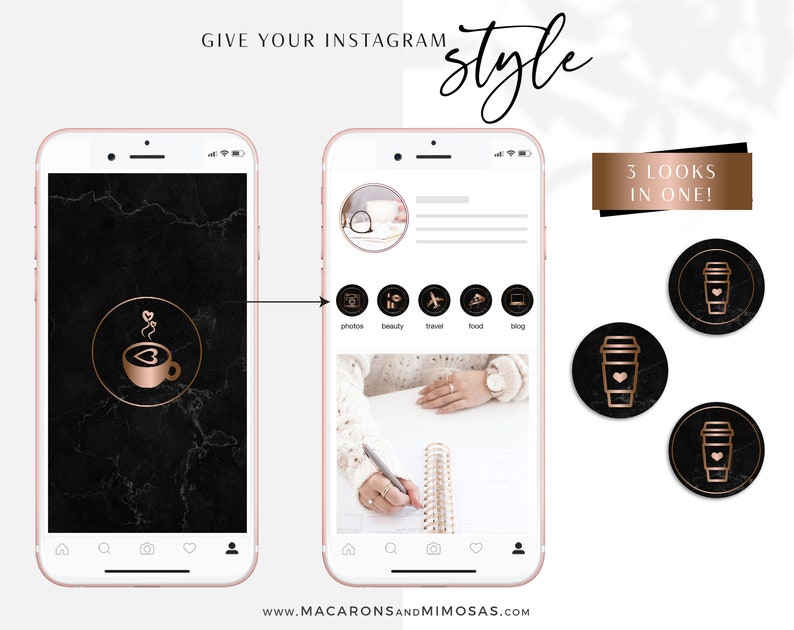 200 Instagram Story Highlight Icons Black Rose Gold Marble IG | Etsy