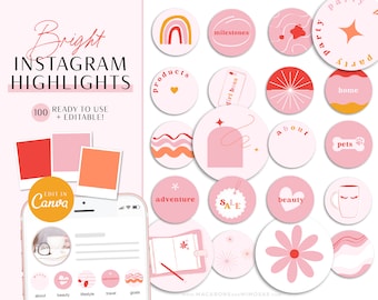 Instagram Highlight Cover Bright, Covers for Instagram Stories, Colorful Boho IG Highlight Covers, Editable Canva Highlight Icons Pack GC01