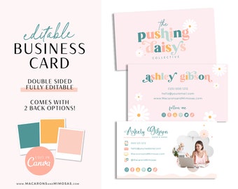 Daisy Retro Business Card Template, Canva Template Business Card, Editable Pink Rainbow DIY Calling Card, Small Business Card design PD01