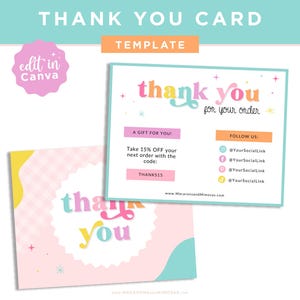 Plantilla de tarjeta de agradecimiento retro rosa, tarjeta de agradecimiento de pedido de Canva, diseño de arcoíris retro divertido para la marca de pequeñas empresas BW01