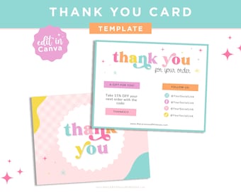 Danksagungs-Karte Vorlage Pink Retro, Canva Danksagungs-Bestellkarte, Spaß Retro Regenbogen-Design für kleine Unternehmen Branding BW01