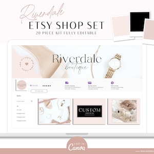 Etsy Banner Set Pink, Brand your Etsy Shop Business with Feminine Logos and Branding Kit, Black and Pink Etsy Shop Kit, Etsy Templates