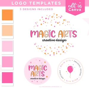May include: Three logo templates for a business called "Magic Arts" with the tagline "creative design". The logos feature pink, orange, and white colours with a confetti design. The logos are editable in Canva.