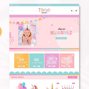 May include: A website interface for Tokyo Party Store featuring a pastel pink background, a banner with a child wearing a unicorn headband, and navigation buttons labeled Our Favorites, New to the Shop, Best Sellers, and Shop All Items in a grid.