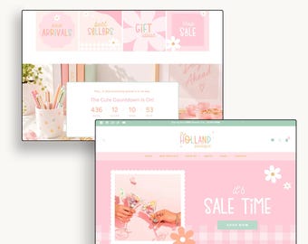 May include: A digital preview of the Holland Shopify theme featuring a pink and white color palette with floral accents. The interface displays navigation menus, a countdown timer, and promotional banners with text including New Arrivals, Best Sellers, Gift Ideas, Shop Sale, and It's Sale Time.