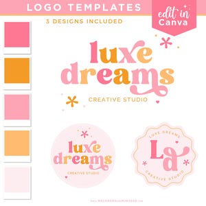 DIY branding Kit Canva Logo Template, Pink Boho Logo Design, Retro Fun Font Logo, Small Business Branding Kit, Bright Boutique Logo LD02