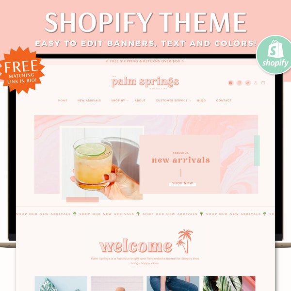 Shopify Theme Pink Bright, Colorful Shopify Website Design, Shopify Store Banners, Ecommerce Website Design, Shopify 2.0 Boutique PS01