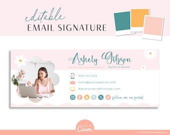 Daisy Email Signature Template for Canva, Gmail Email Signature Clickable Rainbow Email Signature Template Pink & Teal PD01