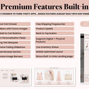 May include: An infographic titled Premium Features Built-in listing website capabilities including a slide-out cart drawer, mega menu, product upsells, and mobile optimized layout. It displays a preview of a slide-out cart and website sections.