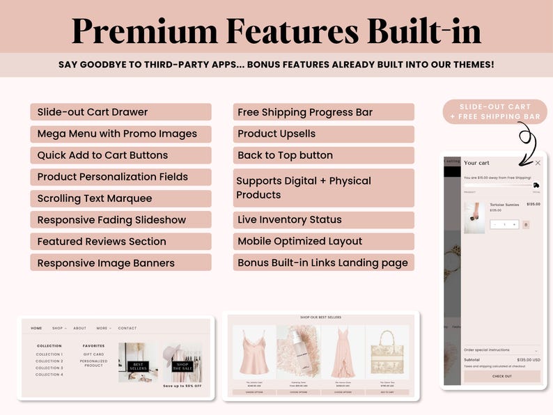 May include: An infographic titled Premium Features Built-in listing website capabilities including a slide-out cart drawer, mega menu, product upsells, and mobile optimized layout. It displays a preview of a slide-out cart and website sections.