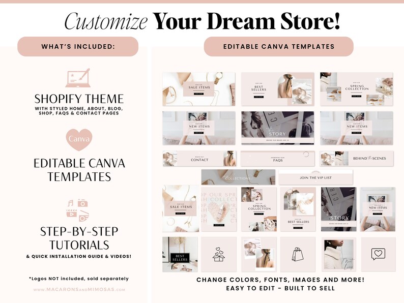 May include: A digital product display titled Customize Your Dream Store featuring Shopify theme components, editable Canva templates, and step-by-step tutorials. The layout includes various website banner designs, social media graphics, and icons in a soft pink and white color palette with text labels for pages like Shop, About, and FAQs.