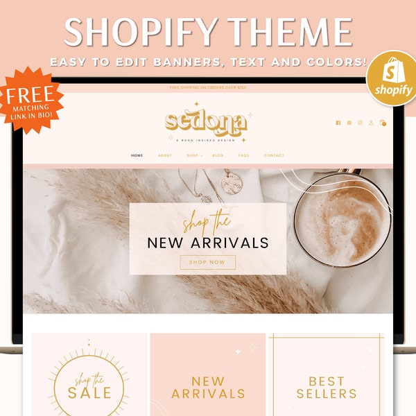 Shopify Theme Template, Boho Website Design, Shopify Store Banner, Shopify 2.0 Design, Ecommerce Website Design Shopify Online Boutique SE01