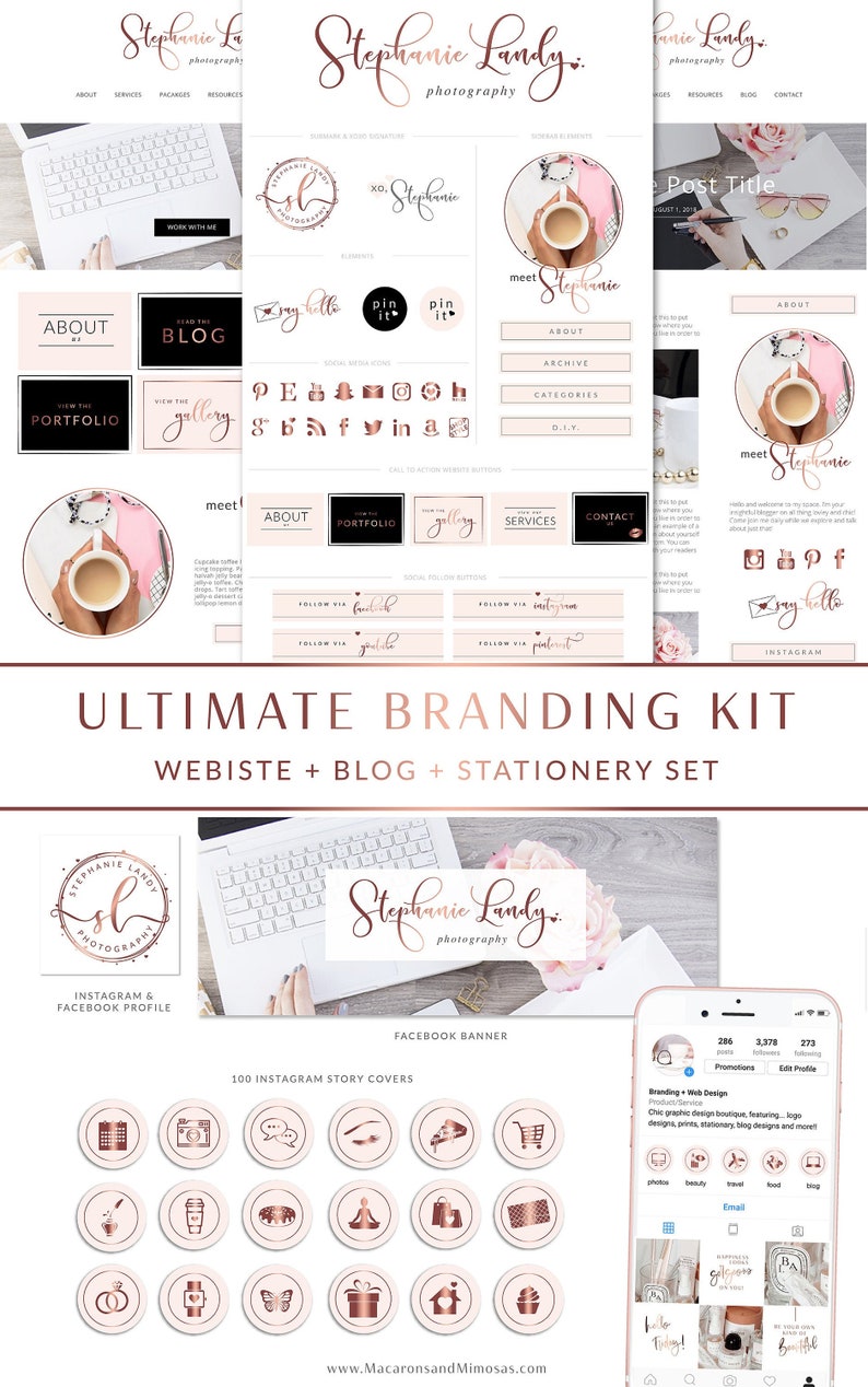 171 piece Rose Gold Blush Glitter Script Boutique Logo Makeover, Branding Kit, Blog Kit, Website Design Kit, Business Stationery 