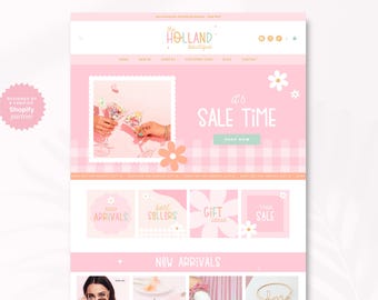 Shopify Theme Boho Boutique Fashion Shop | Retro Daisy Pink Website Template Girly Design | Colorful Ecommerce Website | Holland
