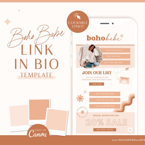 Boho Link in Bio Website Template Canva, Instagram Landing Page, Canva Website Template, Daisy Boutique Website Instagram Bio Link BB01