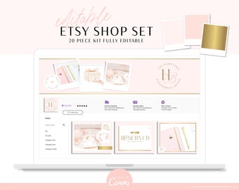 Etsy Banner Template Set for Canva, Pink Gold Etsy Shop Kit with Listing Templates, Etsy Seller Success Store Branding Shop Design Templates