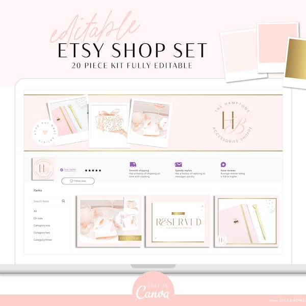 Etsy Banner Template Set für Canva, Pink Gold Etsy Shop Kit mit Listing Vorlagen, Etsy Verkäufer Success Store Branding Shop Design Vorlagen