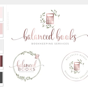 May include: A logo design for a bookkeeping service called "balanced books". The logo features a calculator with a wreath of leaves and the text "balanced books" in a cursive font. The logo is in rose gold.