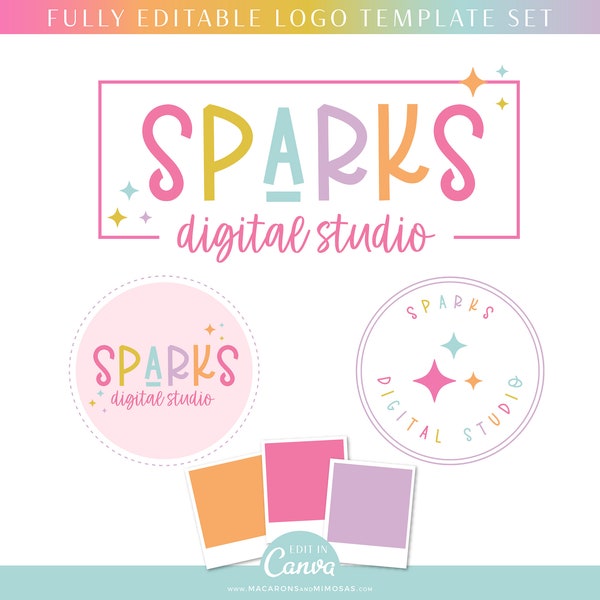 Modèle de logo arc-en-ciel, conception de logo Canva modifiable avec étoiles, kit de marque pour petites entreprises, pack de logos rétro Canva personnalisés DIY