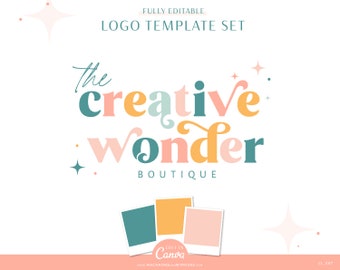 Rainbow Logo Design Canva, Small Business Editable Logo Template, Cute Logo Branding Kit with Stars, Colorful Brand Design PD01