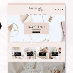Thème Shopify rose, modèle de site web et bannières de boutique e-commerce modifiables dans Canva, design web premium pour boutique de bijoux et vêtements en ligne