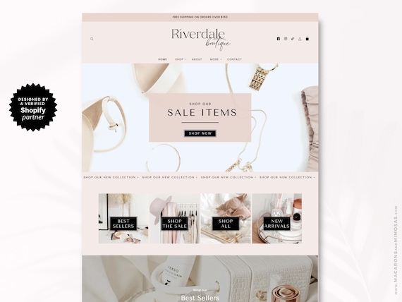 Pink Shopify Theme Website Template and Ecommerce Store Banners editable in Canva, Premium Web Design for Online Jewlery, Clothing Boutique