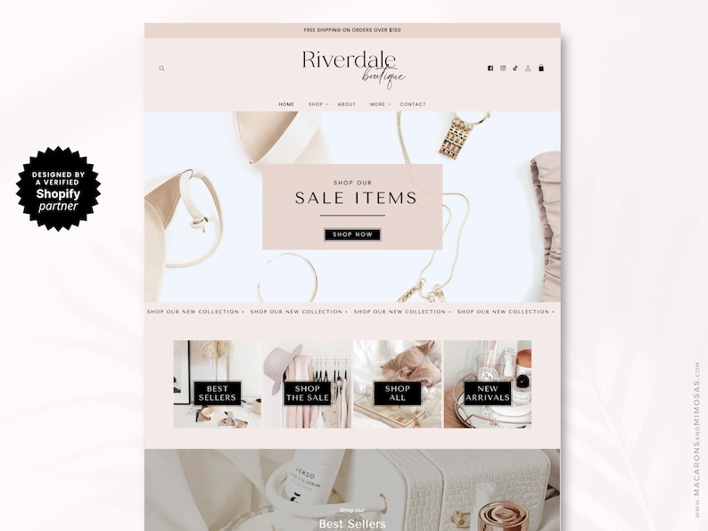 May include: A website interface for Riverdale Boutique featuring a pale pink color scheme. The header displays the brand name, navigation links, and social icons. A central banner reads SHOP OUR SALE ITEMS with a SHOP NOW button. Below are four image blocks labeled BEST SELLERS, SHOP THE SALE, SHOP ALL, and NEW ARRIVALS.