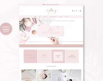 Pink Shopify Theme Website Template Design in Rose Gold, Editable Shop Banners for Ecommerce Online Boutique - SYD
