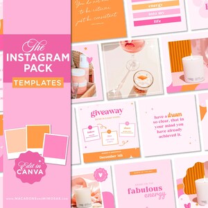 Könnte beinhalten: Ein Satz rosa und orangefarbener Instagram-Vorlagen mit Textüberlagerungen. Die Vorlagen enthalten Zitate über Träume, Energie und Sinn. Der Text "The Instagram Pack Templates" befindet sich oben im Bild.