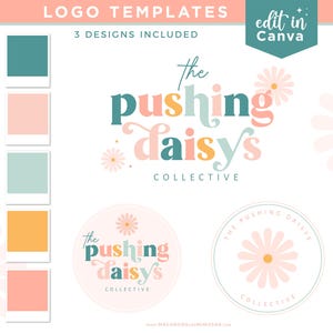 Editable Boho Daisy Flower Logo Design for Small Business Branding edit in Canva, Wildflower Feminine Logo Template Package
