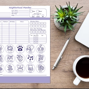 May include: A printable neighborhood member form with a purple border. The form includes sections for personal information, monthly mailers, extra mail, and interests. The interests section features icons for cooking/baking, reading, pets, health/fitness, PC/console gaming, photography, lawn/garden, travel, music, card/board games, wildlife/nature, hiking/walking, TV/movies, arts & crafts, and sports.