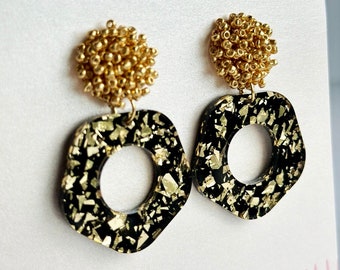 Hexagon Earrings | Black and Gold Glitter Flake | Statement Jewelry | Lightweight Acrylic