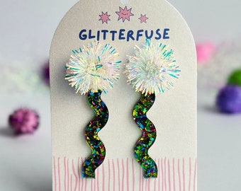 Squiggle Earrings | Blue, Yellow, and Magenta Glitter | Statement Jewelry | Lightweight Acrylic