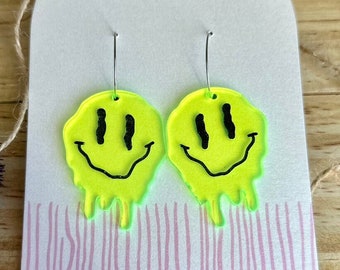 Fluorescent Yellow Smiley Hoop Earrings | Drippy Groovy Acrylic Dangles | Fun Statement Jewelry