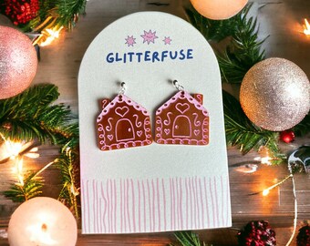 Gingerbread House Earrings | Whimsical Christmas Accessory | Winter Wonderland | Acrylic Statement Jewelry | Holiday Stocking Stuffer