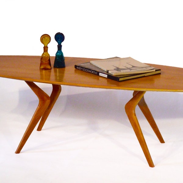Modern Coffee Table//Boomerang Leg Design//Surfboard Shape Top//Modern//Mid-Century//Danish//Design Influence//Sized to Fit Your Long Sofa!