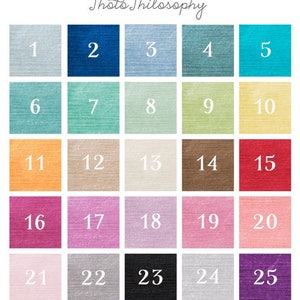 May include: A color chart with 25 squares, each displaying a different color and a corresponding number. The colors range from light blue to deep purple, including shades of green, yellow, orange, and brown. The text "Photo Philosophy" is at the top.
