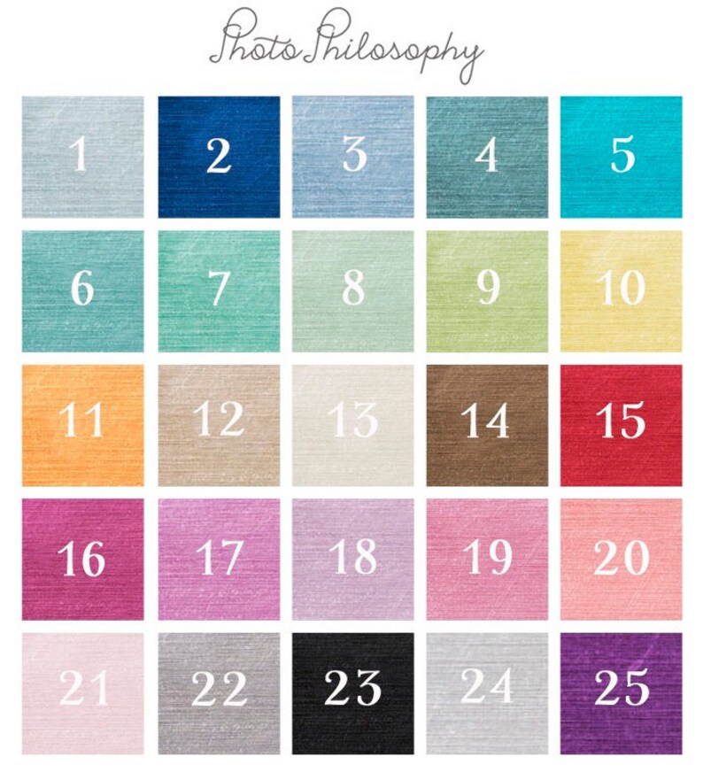 May include: A color chart with 25 squares, each displaying a different color and a corresponding number. The colors range from light blue to deep purple, including shades of green, yellow, orange, and brown. The text "Photo Philosophy" is at the top.
