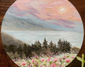 miniature wildflower sunset and seascape landscape acrylic painting,round, 10x10cm