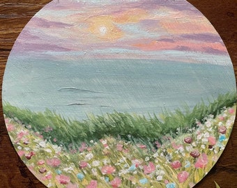 miniature floral sunset and seascape landscape acrylic painting,round, 10x10cm