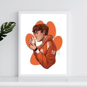 May include: A digital illustration of a young man wearing an orange hoodie with the number 10 on it. He is holding a cigarette and lighting it with a lighter. The background is a paw print.