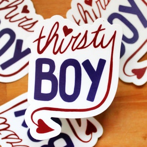 May include: White sticker with a red cursive font that says "thirsty boy" with a red heart above the word "thirsty". The word "boy" is in a blue font with a red outline. The sticker has a red heart tail.