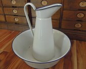 Vintage Enamelware Pitcher and Bowl Enamel Wash Basin and Pitcher French Farm House