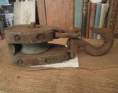 Vintage Iron and Wood Pulley Antique Wooden Cast Iron Barn Pulley